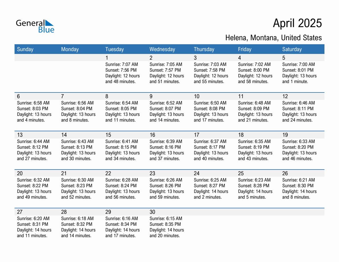 April 2025 sunrise and sunset calendar for Helena