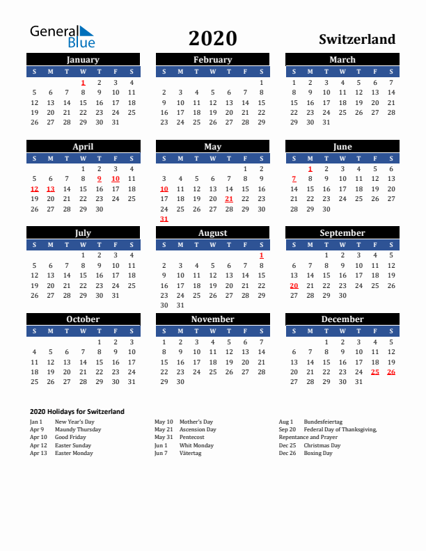 2020 Switzerland Holiday Calendar