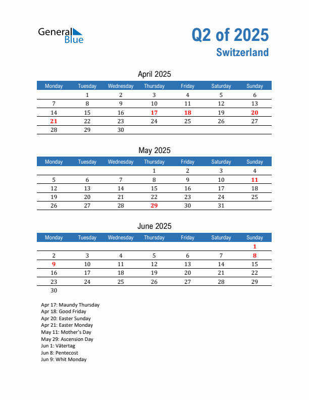 Switzerland Q2 2025 Quarterly Calendar with Monday Start