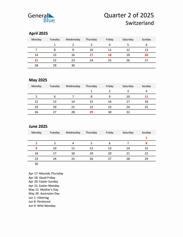 2025 Q2 Three-Month Calendar for Switzerland