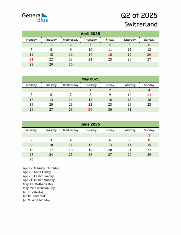 Quarterly Calendar 2025 with Switzerland Holidays