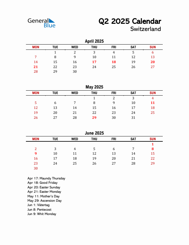 2025 Q2 Calendar with Holidays List for Switzerland