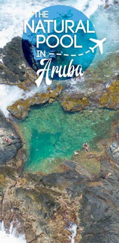 pinterest pin for Natural Pool Aruba - woman swimming in the pool