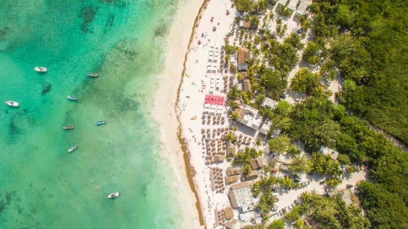 Xpu Ha Beach Club from above - White sand beach with lounge chairs