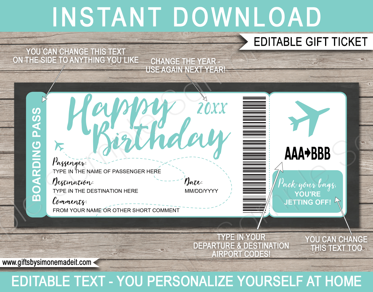 Printable Aqua Birthday Surprise Trip Boarding Pass Template | Fake Plane Ticket Gift | Surprise Birthday Trip Reveal | Flight, Holiday, Getaway, Vacation | INSTANT DOWNLOAD via giftsbysimonemadeit.com