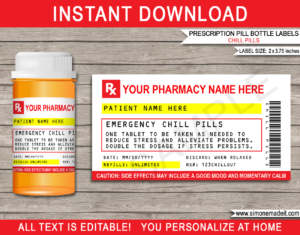 Printable Prescription Chill Pill Labels Template | Emergency Chill Pills 13 dram Pharmacy Vial | Prank Funny Gag Gift | Friend, Family, Office, Co-worker, Boss, Doctor, Nurse, Pharmacist, Medical Practical Joke | Skittles, Jelly beans M&Ms, mints, sweets, Candy Medicine | DIY Pretend Fake Pharmacy Rx Prescription Label | INSTANT DOWNLOAD via giftsbysimonemadeit.com #emergencychillpills #chillpills