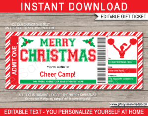 Christmas Cheer Camp Ticket Template | Gift Ideas | DIY Printable Gift Certificate Voucher Card with Editable Text | NSTANT DOWNLOAD via giftsbysimonemadeit.com