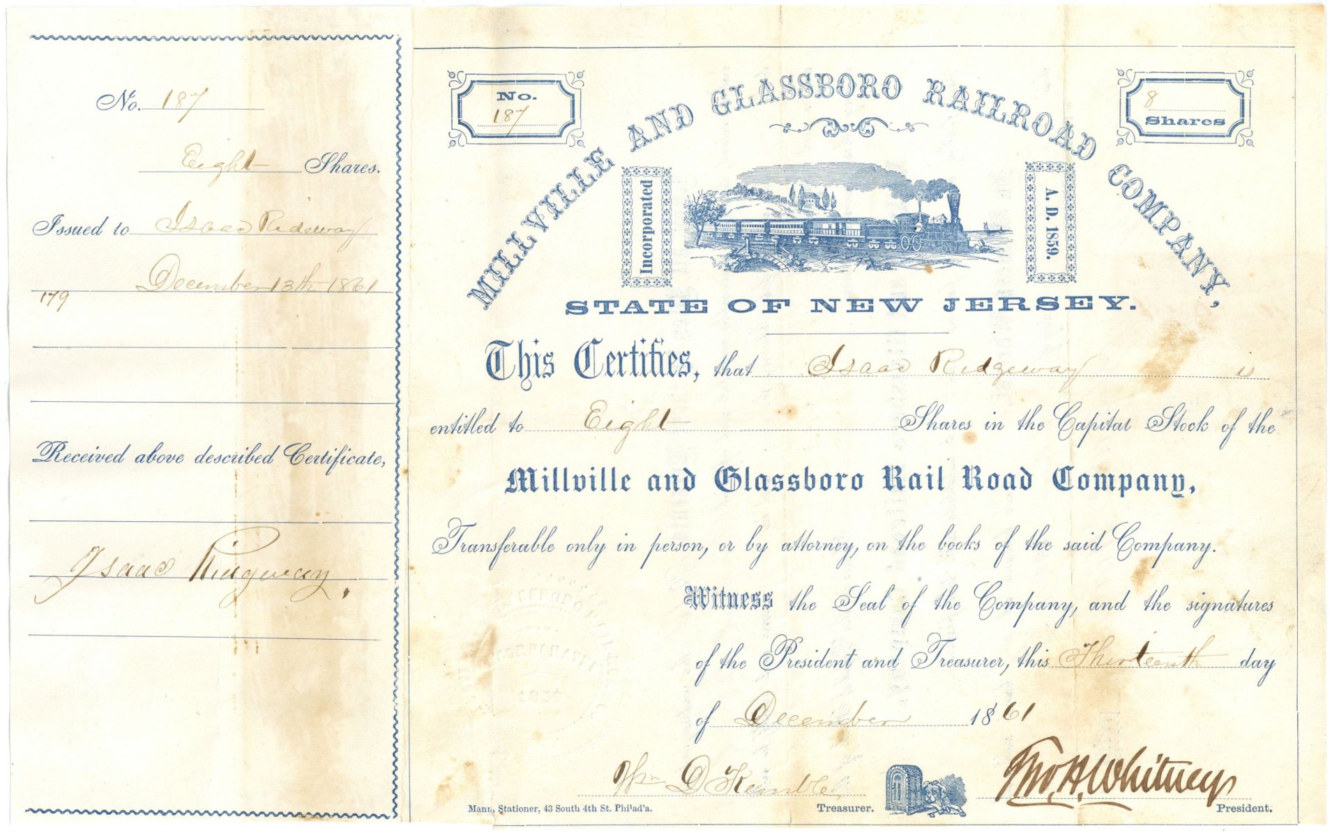 Millville and Glassboro Railroad Company - 1860-64 dated Railway Stock ...