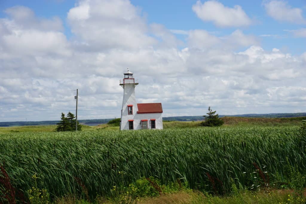 New London Lighthouse in midst of field of grass on cloudy day.