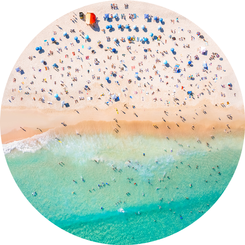 Packed summer crowds, Ocean Aerial Bondi Beach. ChromaLuxe round metal print.