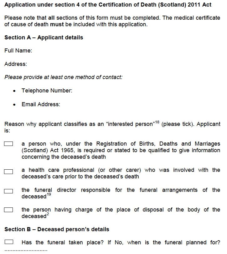 Application under section 4 of the Certification of Death (Scotland) 2011 Act