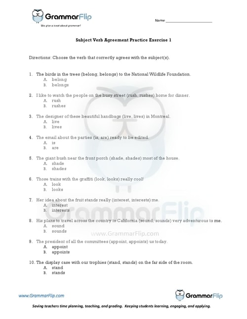 Subject Verb Agreement Worksheet