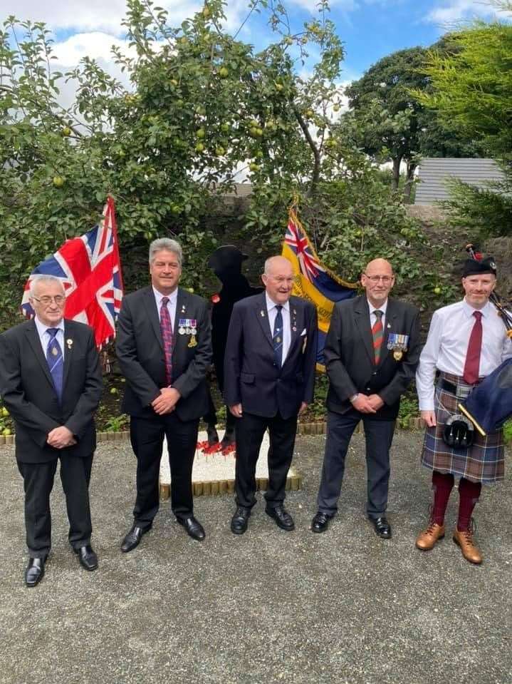 Royal British Legion Scotland Oldmeldrum branch president Syd Ross (centre), who recently celebrated his 90th birthday, with (from left) Brian Smith (committee member), Jim Ritchie (chairman), Colin Copland (vice-chairman) and piper David Walker.