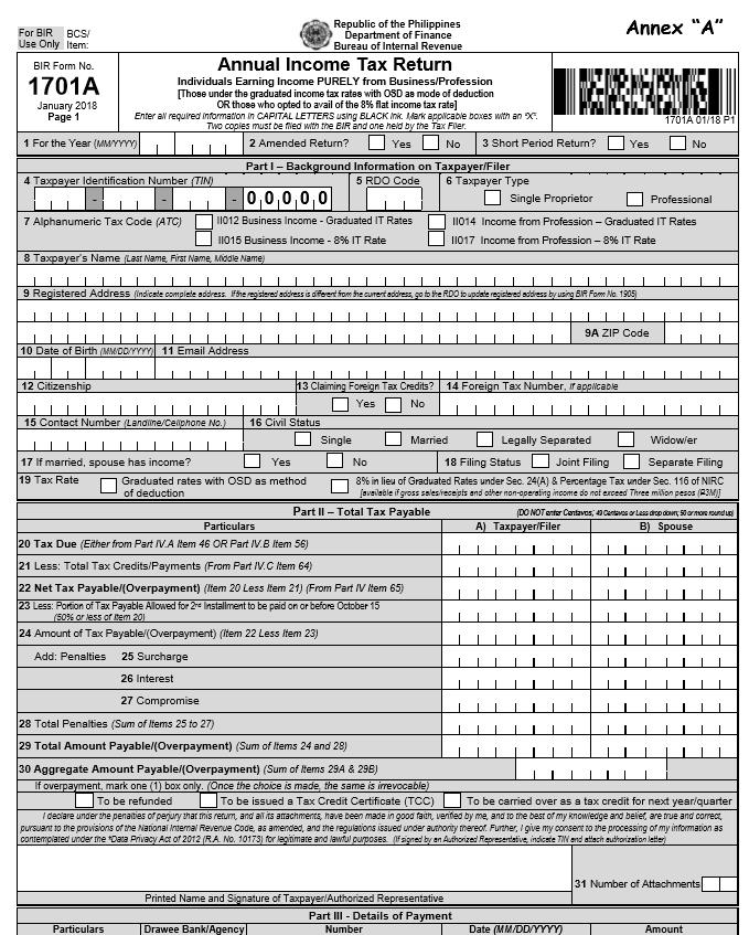 New Annual Income Tax Return for Individuals availing OSD and 8% Income ...