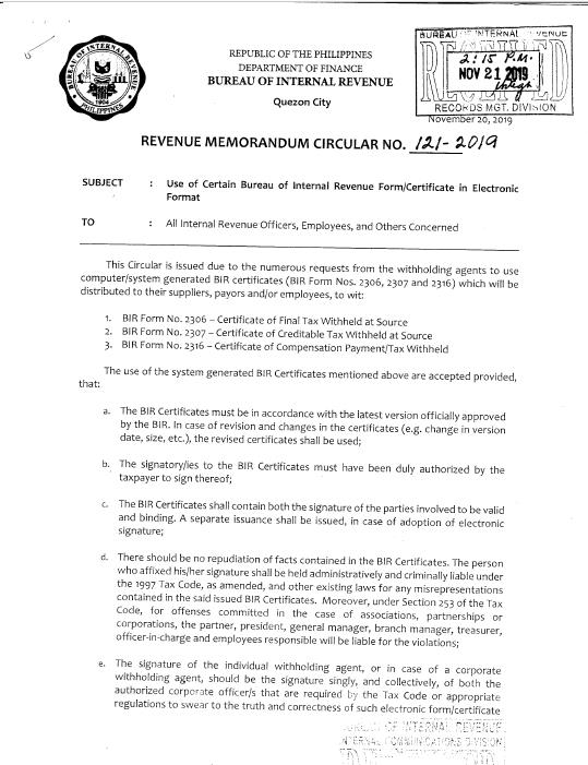 Use of computer/ system generated BIR Forms 2306, 2307, and 2316 ...