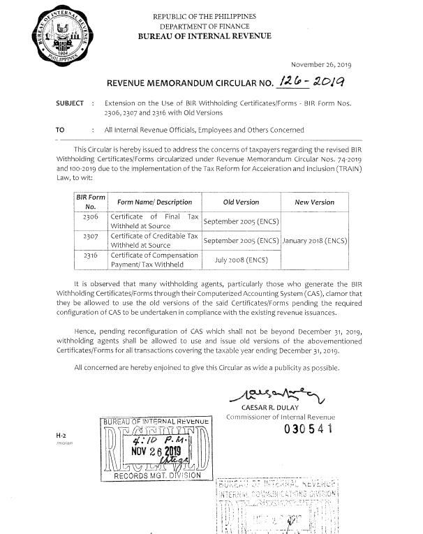 Use of old version of BIR Form Nos. 2306, 2307, and 2316 | Grant Thornton