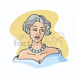 Clipart illustration of a woman with gray hair, wearing a blue dress and a pearl necklace, against a yellow abstract background.