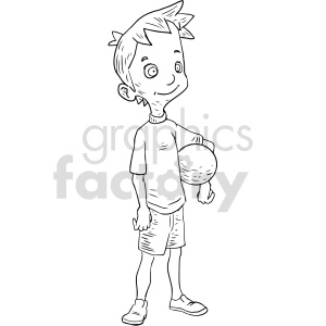 Black and white clipart image of a boy holding a ball. The boy is wearing a t-shirt, shorts, and sneakers.