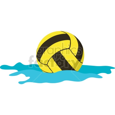 A clipart image of a yellow and black water polo ball floating on blue water.