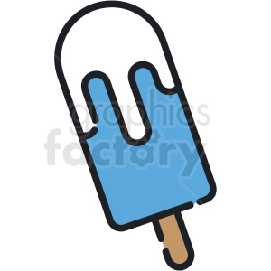 A clipart image of a blue and white ice cream popsicle on a stick.