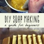 A woman mixing homemade soap ingredients in a pot, and bars of homemade soap on a cutting board.