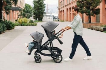 UPPAbaby Vista V3 Stroller set up in Double Mode with the RumbleSeat V3 Accessory