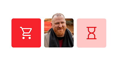 Two icons, one of a shopping cart and one of an hourglass, appear next to a photo of a man with thinning light hair, a red beard, and light skin. He wears a winter coat and scarf.