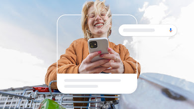 A woman in glasses with light skin and hair pushes a shopping cart with her elbows while using her mobile phone. A photo frame encapsulates her face and hands, and a Google Search bar hovers nearby.