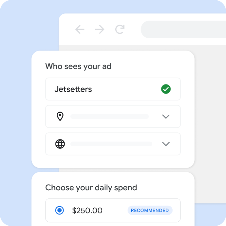 Signup flow UI showing the selection inputs for audience and recommendations for daily ad spend.