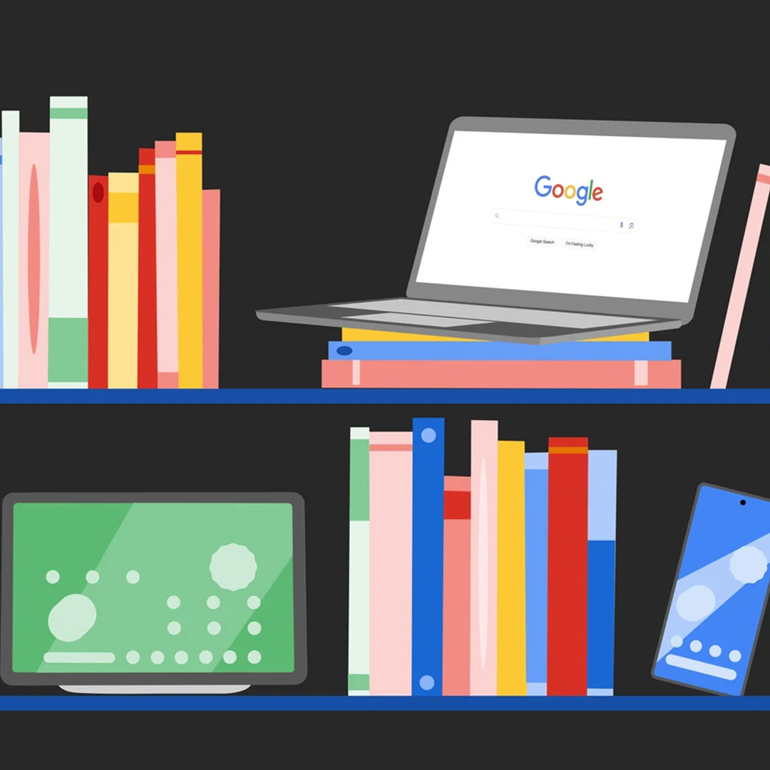 Digital graphic of books, a computer, a tablet and a phone