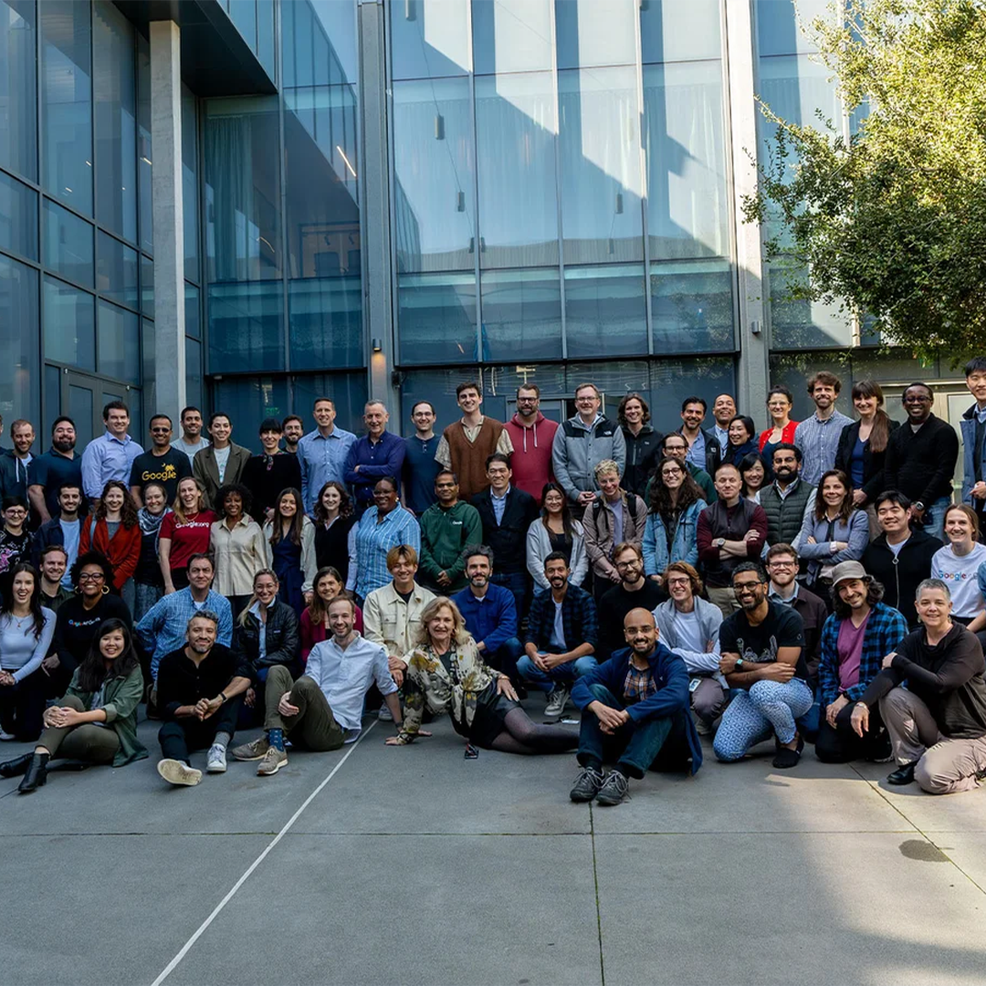 Large group of Google employees gathered outside