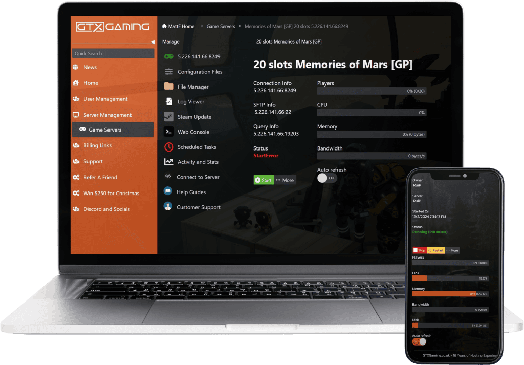 A mockup of the Memories of Mars hosting control panel showing the control panel on a laptop and mobile device.