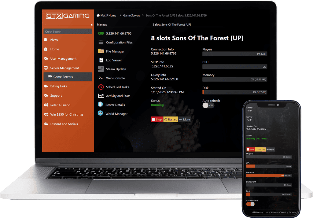 sons of the forest hosting control panel mockup with a laptop and mobile.