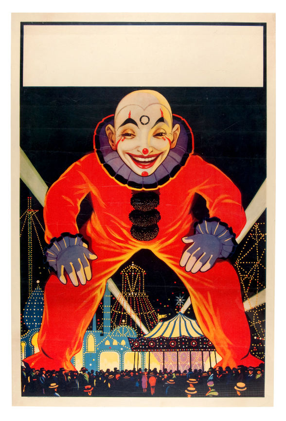 Hake's - GIANT CLOWN OVER MIDWAY STOCK CARNIVAL POSTER.