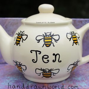 Personalised bee design teapot, small teapot, large teapot, from Charlotte Kleban & Hand Drawn World. Lovely idea for a gift for a lovely person