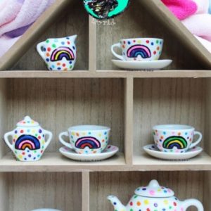 Children's Personalised Rainbow Polka Dot Tea Set from Charlotte Kleban & Hand Drawn World, Hand drawn & hand made. Great gift ideas