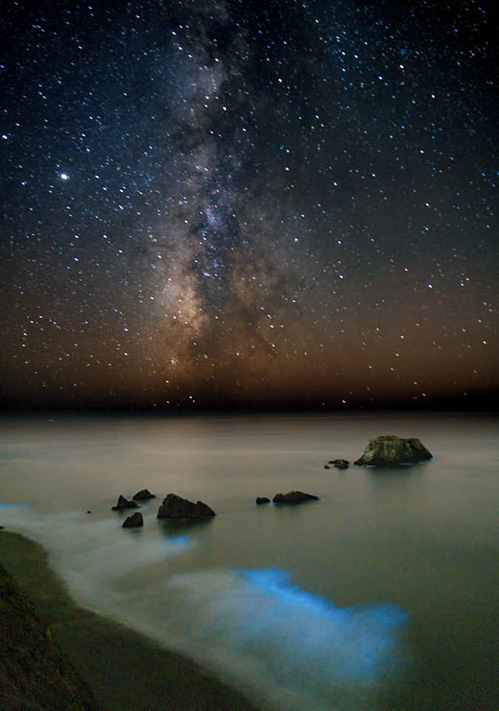 Goat Rock Beach, Sonoma Coast State Park by Guy Miller. Oct 16, 2020 · Jenner, CA· “Went to Goat Rock last night to take advantage of the moonless night to photograph the Milky Way. What I didn’t expect was to see a bioluminescent display in the breaking waves. The glowing blue light is caused by a marine microorganism, a single-celled creature called a dinoflagellate. Through a chemical reaction they glow when disturbed by the breaking waves. It was truly a magical scene.”