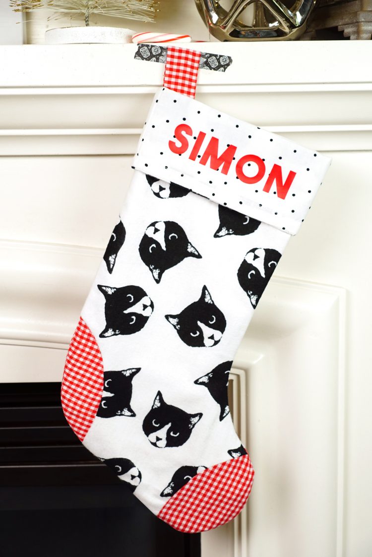 simon custom kitty themed stocking on mantel