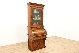 Victorian Antique Walnut Roll Top Secretary Desk, Bookcase #52062