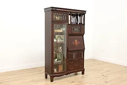 Mahogany Antique Secretary Desk & Bookcase, Pearl Marquetry #52704