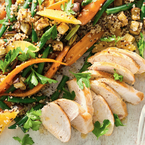 Roasted carrot and quinoa salad with grilled chicken