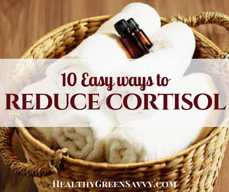 reduce cortisol -- photo of towels and essential oils with title text overlay