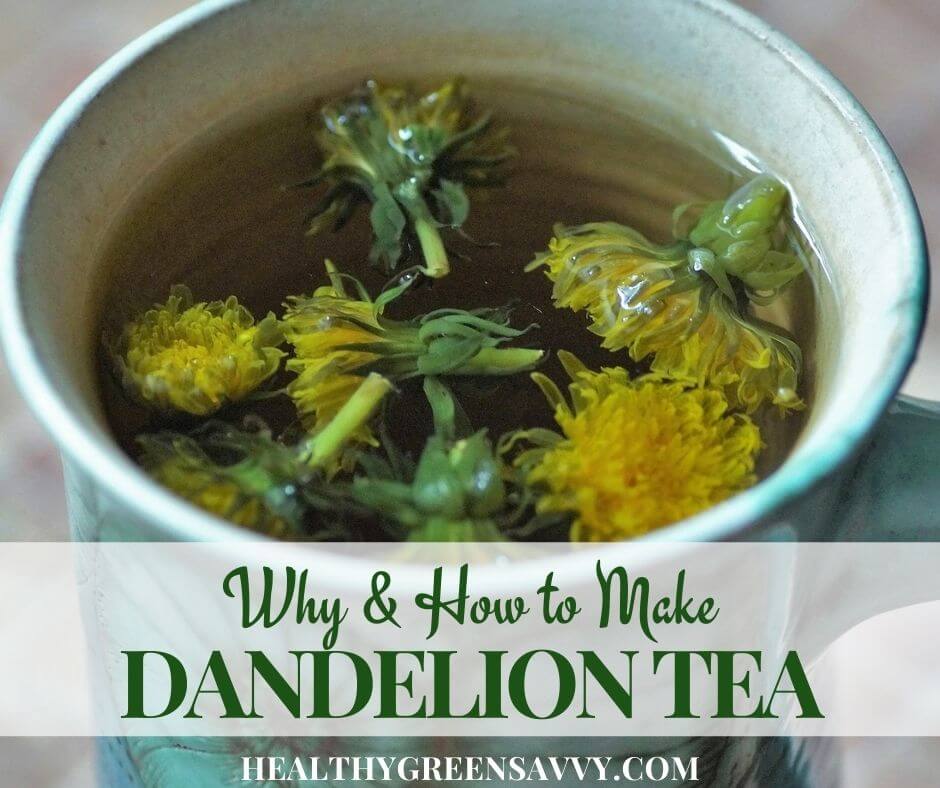 pin with photo of dandelion tea in cup with title text overlay