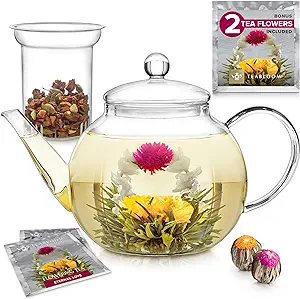 photo of image of glass teapot with blooming flower teas