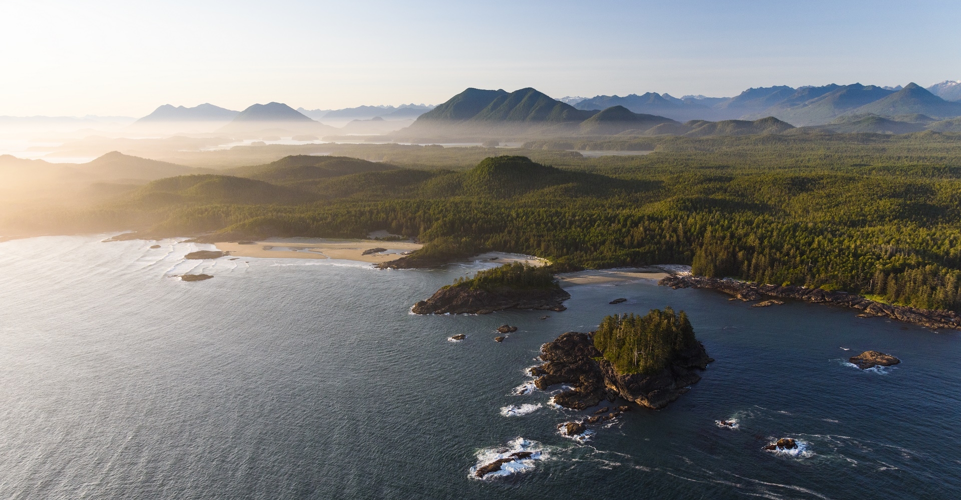 Aerial of the coastline of Pacific Rim National Park, near Tofino.