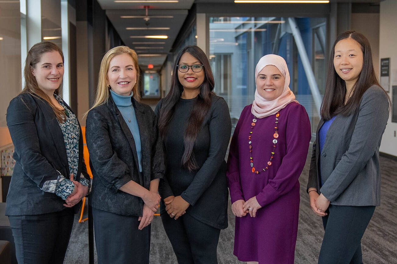 The computer science and robotics and artificial intelligence department faculty includes (left to right) faculty department head Allison Obourn; Dean Carey Schroyer; Ishaani Priyadarshini; ROBAI department head Sirine Maalej and Charlene Lugli. PHOTO: Arutyun Sargsyan / Edmonds College.