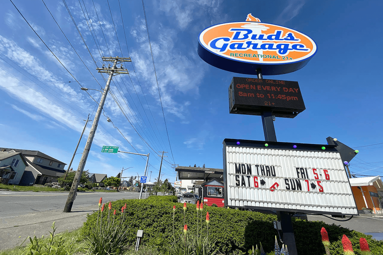 Bud’s Garage in Everett is one of five cannabis stores in the city. (Sue Misao / Herald file)