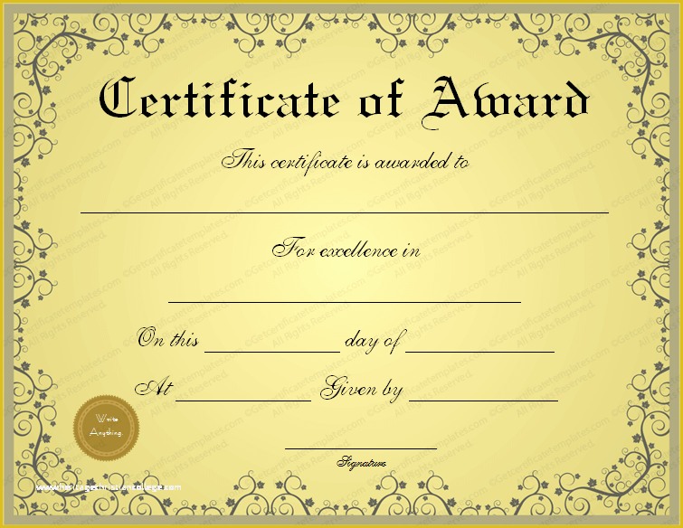 Award Certificate Template Free Of 15 Fill In the Blank Certificate Templates