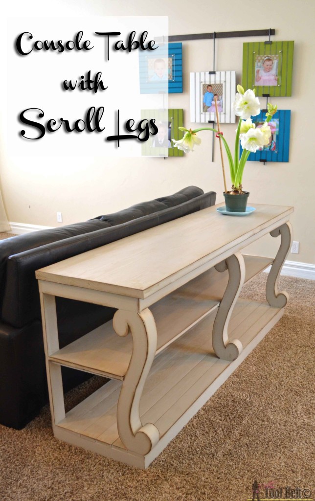 Build a console table with awesome scroll legs, definitely a statement piece! Free woodworking plans.