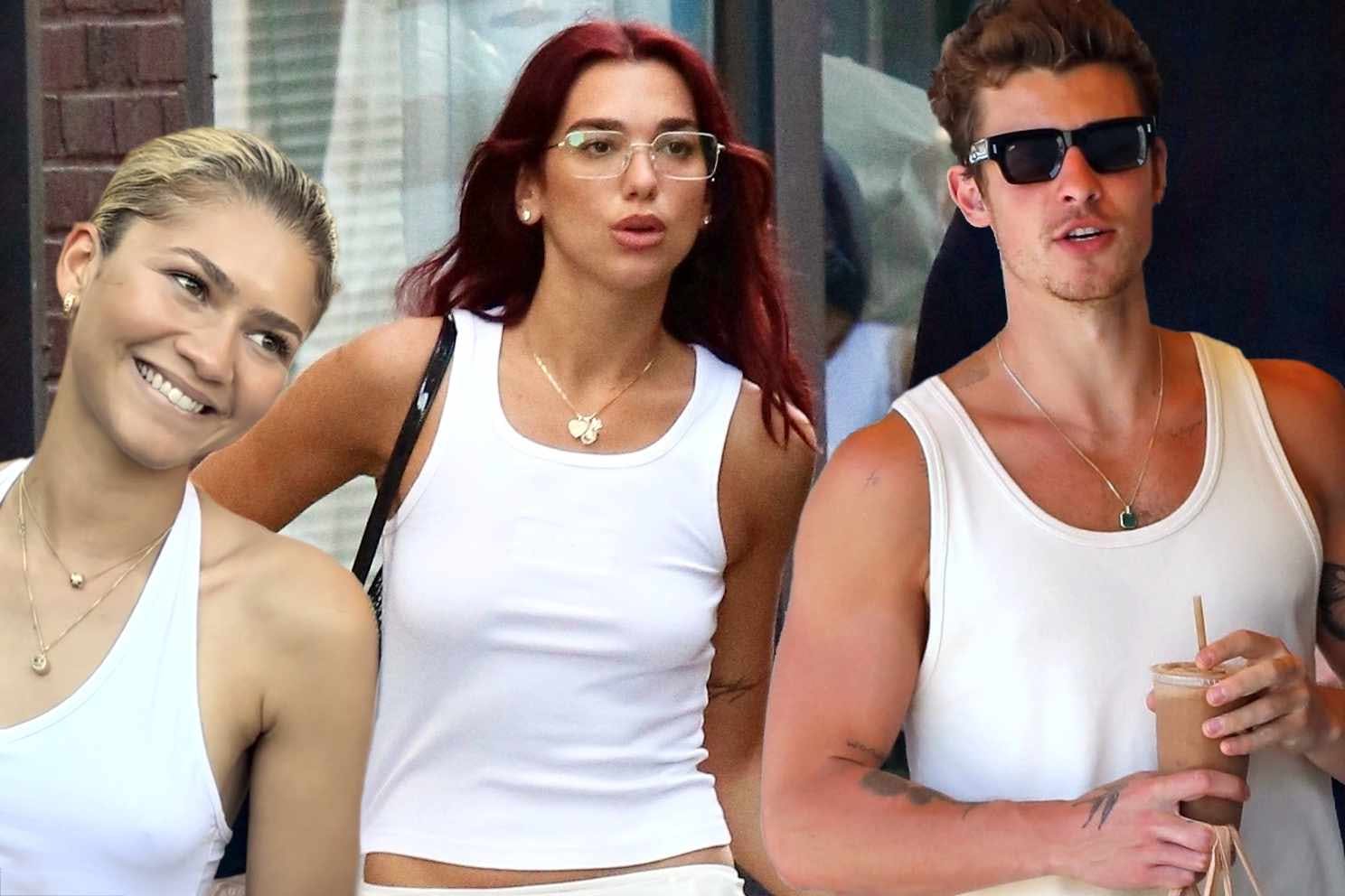 Shawn Mendes, Zendaya, Dua Lipa wear white tanktops